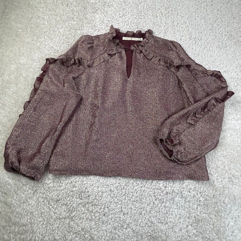 Marie Oliver Metallic Purple Burgundy Ruffle Neck Blouse Womens Small